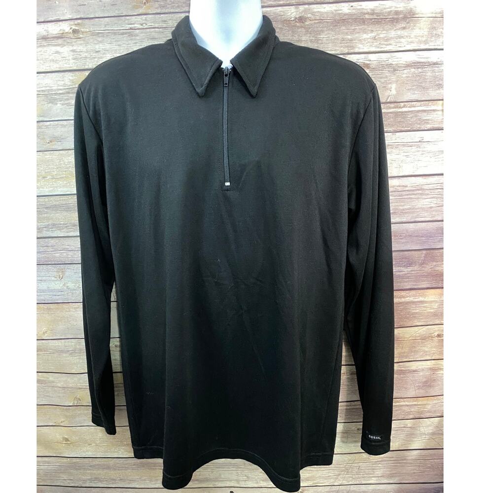 Vintage GUESS Mens Black quarter zip Long Sleeve T-shirt Made in USA Sz Large
